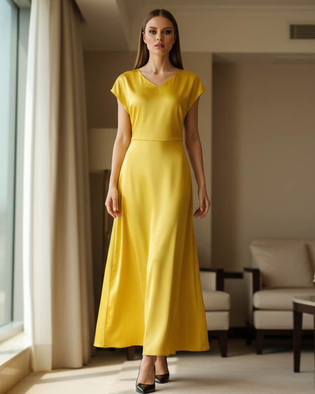 Satin Kleid Yellow - Satin Midikleid Wickel - Khaki Kappenaermel Keyhole - Ansicht 1