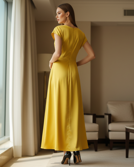 Satin Kleid Yellow - Satin Midikleid Wickel - Khaki Kappenaermel Keyhole - Ansicht 2