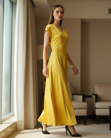 Satin Kleid Yellow - Satin Midikleid Wickel - Khaki Kappenaermel Keyhole - Ansicht 3