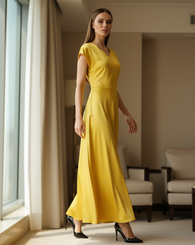 Satin Kleid Yellow - Satin Midikleid Wickel - Khaki Kappenaermel Keyhole - Ansicht 3
