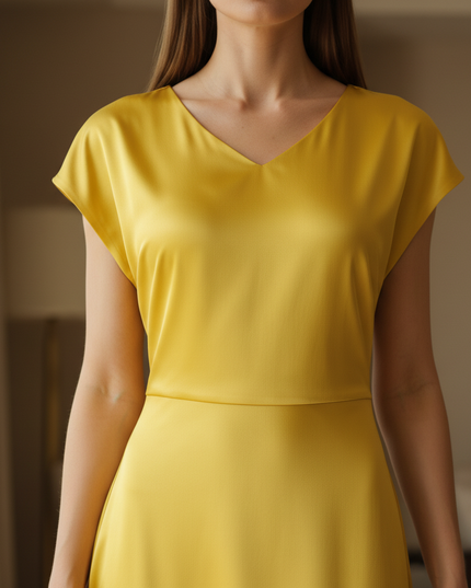 Satin Kleid Yellow - Satin Midikleid Wickel - Khaki Kappenaermel Keyhole - Ansicht 4