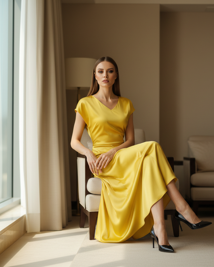Satin Kleid Yellow - Satin Midikleid Wickel - Khaki Kappenaermel Keyhole - Ansicht 5