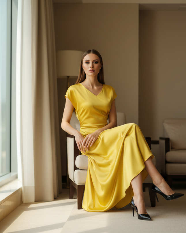 Satin Kleid Yellow - Satin Midikleid Wickel - Khaki Kappenaermel Keyhole - Ansicht 5