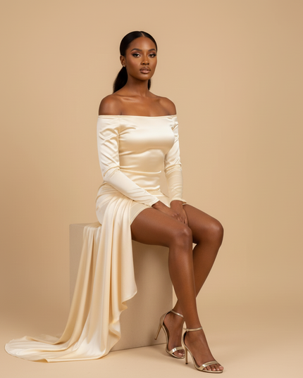 Satin Kleid Cream - Satin Minikleid Figurbetonend in Camel - Mini - Ansicht 5