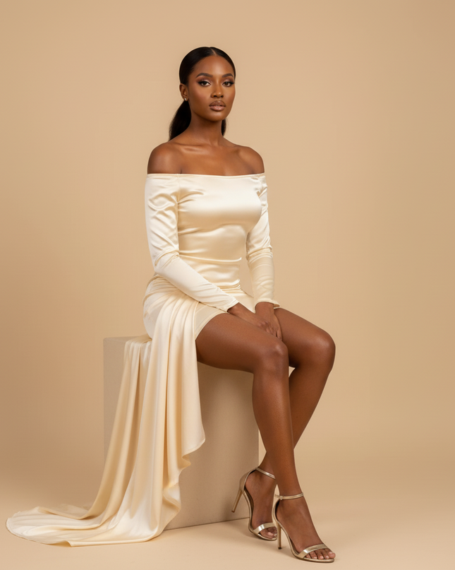 Satin Kleid Cream - Satin Minikleid Figurbetonend in Camel - Mini - Ansicht 5