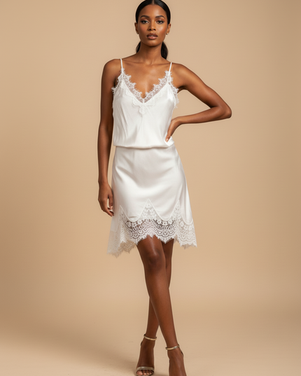 Satin Kleid White - Satin Minikleid Weiss mit Spitzenrand Traeger - Ansicht 3