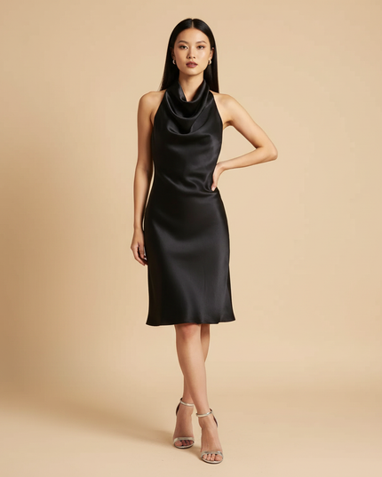Satin Kleid Black - Satin Neckholder Kleid Mini Schwarz - A-Linie - Ansicht 1
