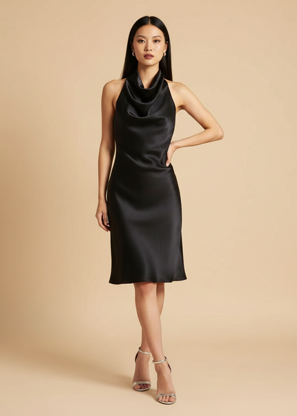 Satin Kleid Black - Satin Neckholder Kleid Mini Schwarz - A-Linie - Ansicht 1