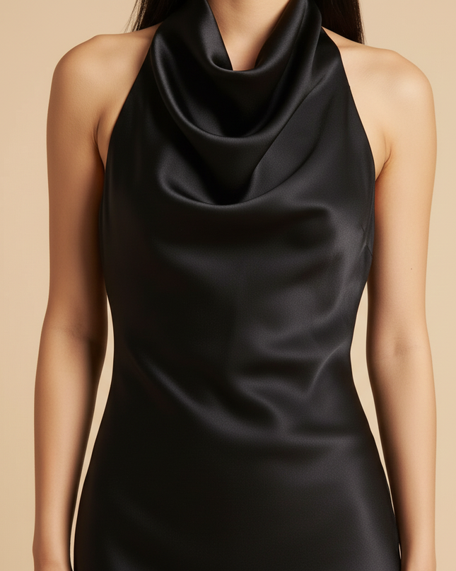 Satin Kleid Black - Satin Neckholder Kleid Mini Schwarz - A-Linie - Ansicht 4