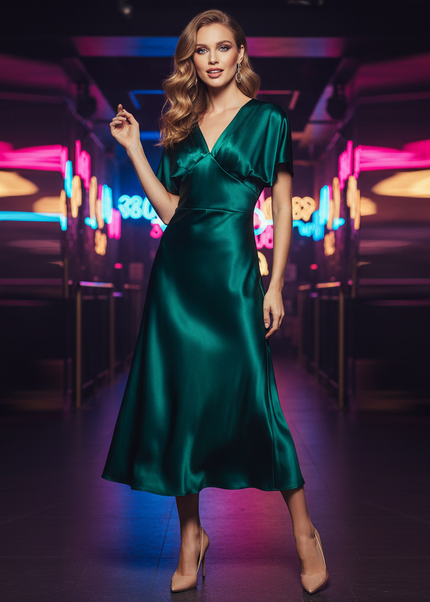 Satin Kleid Green - Satin Partykleid A-Linie | Khaki Draped Midi Elegant - Ansicht 1