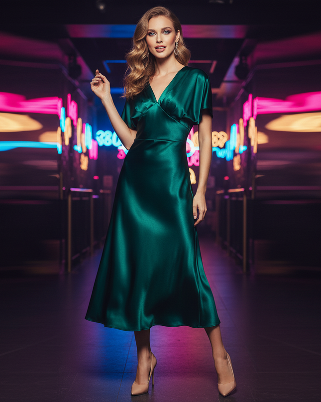 Satin Kleid Green - Satin Partykleid A-Linie | Khaki Draped Midi Elegant - Ansicht 1