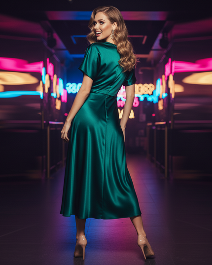 Satin Kleid Green - Satin Partykleid A-Linie | Khaki Draped Midi Elegant - Ansicht 2
