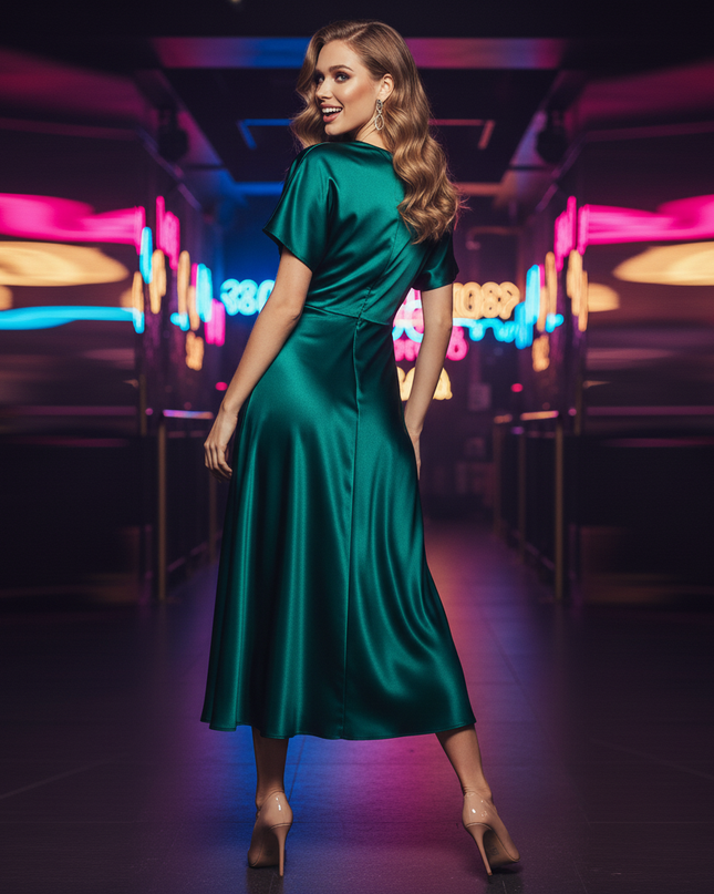 Satin Kleid Green - Satin Partykleid A-Linie | Khaki Draped Midi Elegant - Ansicht 2