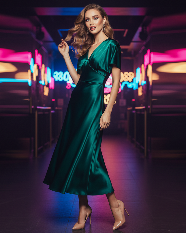 Satin Kleid Green - Satin Partykleid A-Linie | Khaki Draped Midi Elegant - Ansicht 3