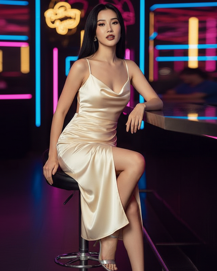 Satin Kleid Cream - Satin Partykleid Beige | Spaghettitraeger Midi - Ansicht 5