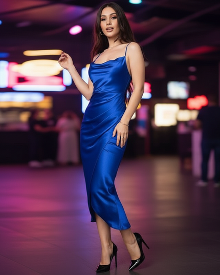 Satin Kleid Blue - Satin Partykleid Blau | Spaghettitraeger Rueckenfrei - Ansicht 3