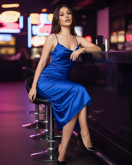 Satin Kleid Blue - Satin Partykleid Blau | Spaghettitraeger Rueckenfrei - Ansicht 5