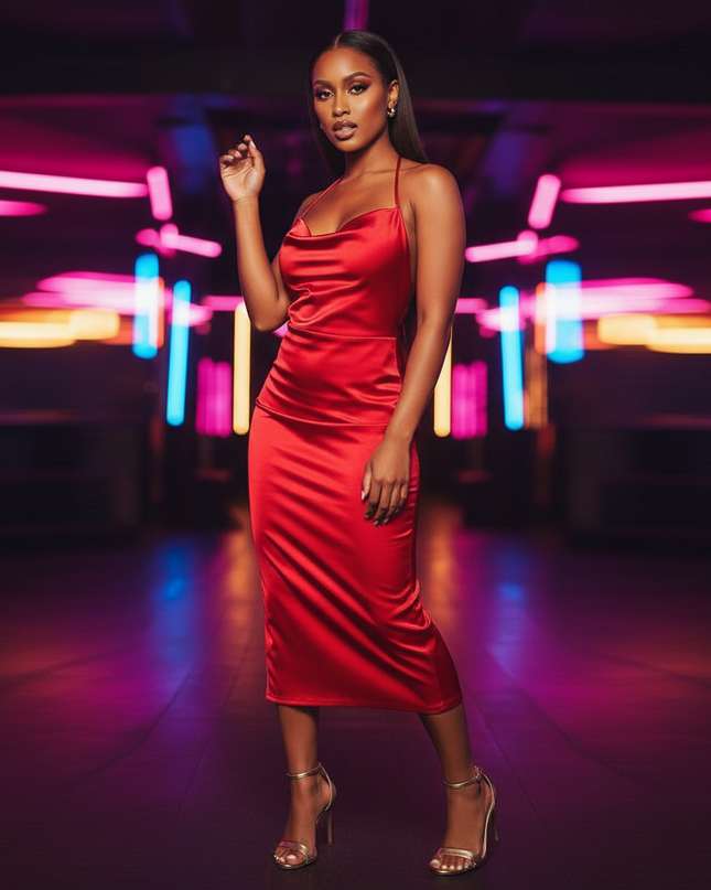 Satin Kleid Red - Satin Partykleid Bodycon Rot | Schnuerung Midi - Ansicht 3