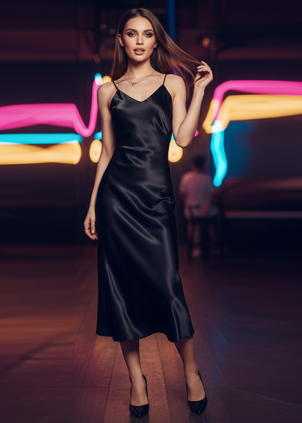 Satinkleid schwarz - Schwarzes Satin Partykleid Bodycon Midi - Ansicht 1