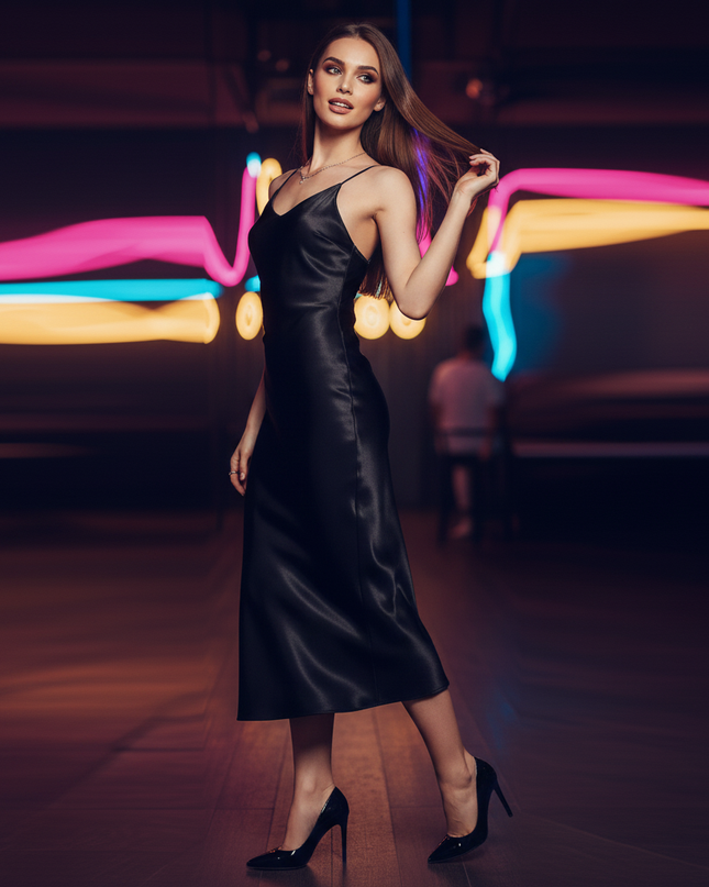Satinkleid schwarz - Schwarzes Satin Partykleid Bodycon Midi - Ansicht 3