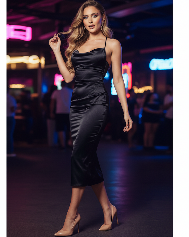 Satin Kleid Black - Satin Partykleid Bodycon Schwarz | Schnuerung Midi - Ansicht 3