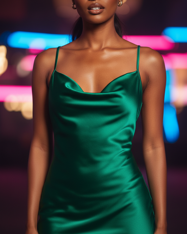 Satin Kleid Green - Satin Partykleid Cowl Neck Gruen | Draped Mini - Ansicht 4