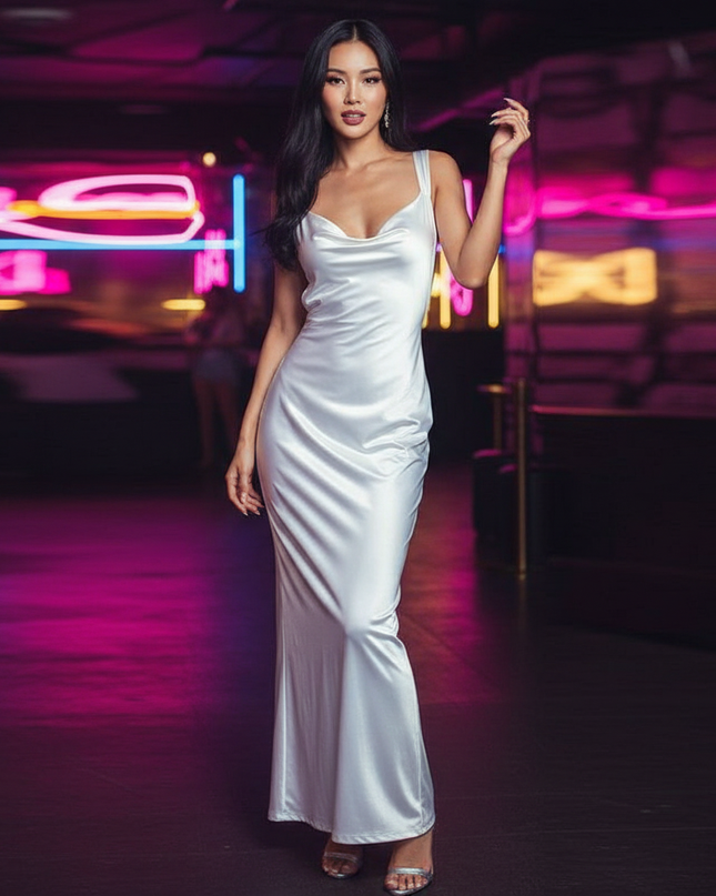 Satin Kleid White - Satin Partykleid Creme | Bodycon Backless Lang - Ansicht 1