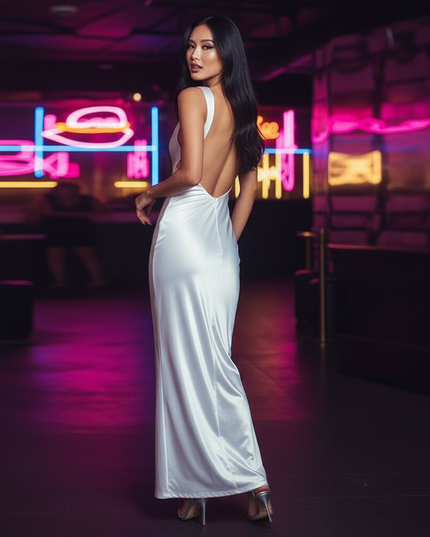 Satin Kleid White - Satin Partykleid Creme | Bodycon Backless Lang - Ansicht 2