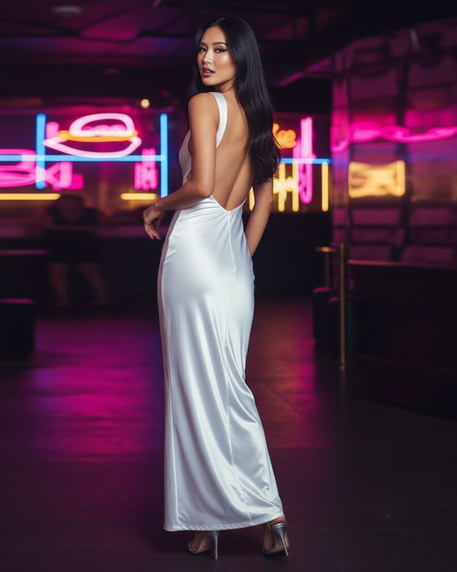Satin Kleid White - Satin Partykleid Creme | Bodycon Backless Lang - Ansicht 2
