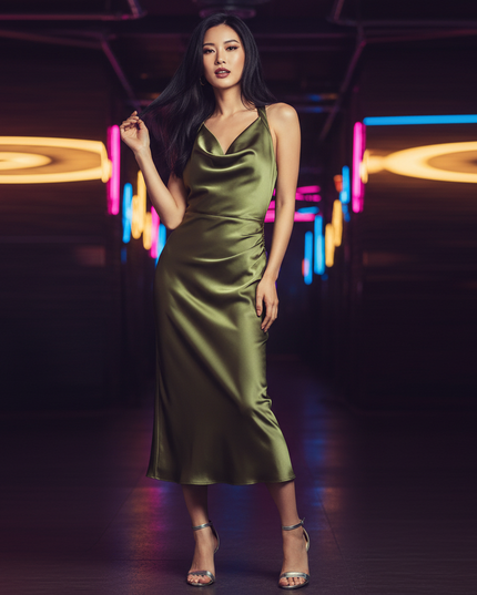 Satinkleid olivgruen - Olivgruenes Satin Partykleid Figurbetont Midi - Ansicht 1