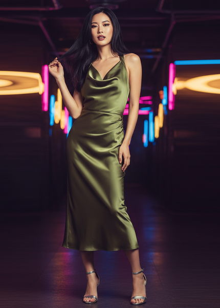 Satinkleid olivgruen - Olivgruenes Satin Partykleid Figurbetont Midi - Ansicht 1