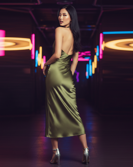 Satinkleid olivgruen - Olivgruenes Satin Partykleid Figurbetont Midi - Ansicht 2