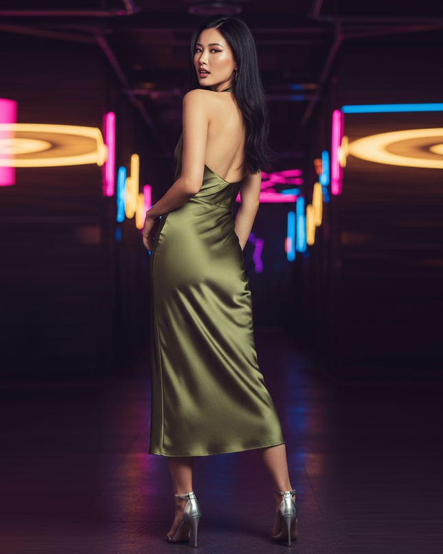 Satinkleid olivgruen - Olivgruenes Satin Partykleid Figurbetont Midi - Ansicht 2