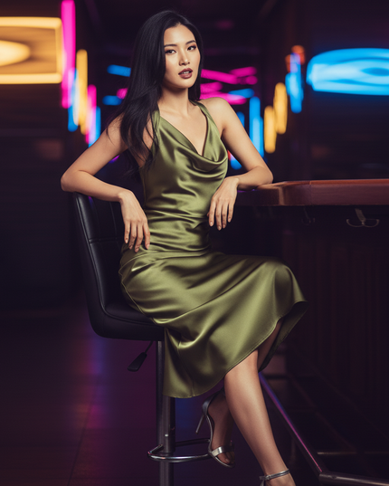 Satinkleid olivgruen - Olivgruenes Satin Partykleid Figurbetont Midi - Ansicht 5