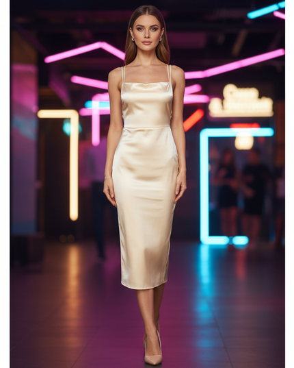 Satin Kleid Cream - Satin Partykleid Figurbetonend | Braun V-Ausschnitt - Ansicht 1