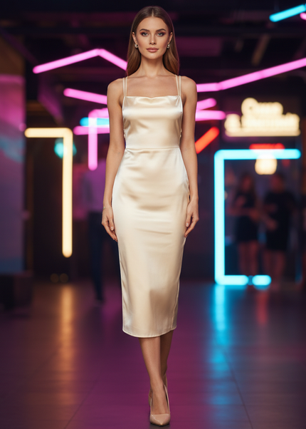 Satin Kleid Cream - Satin Partykleid Figurbetonend | Braun V-Ausschnitt - Ansicht 1