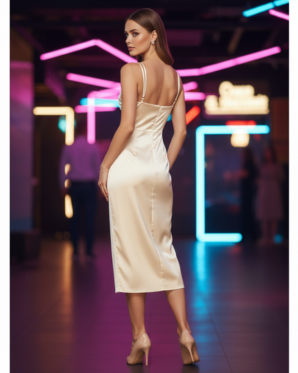 Satin Kleid Cream - Satin Partykleid Figurbetonend | Braun V-Ausschnitt - Ansicht 2