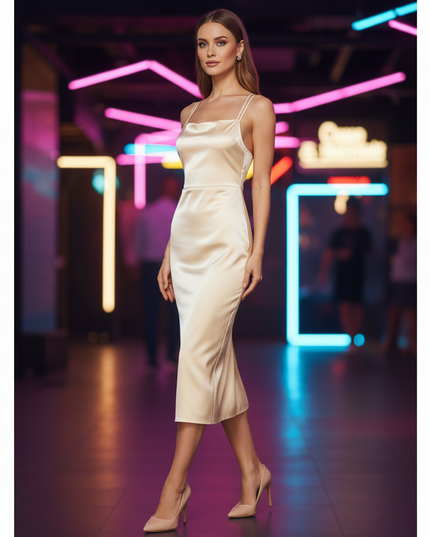 Satin Kleid Cream - Satin Partykleid Figurbetonend | Braun V-Ausschnitt - Ansicht 3