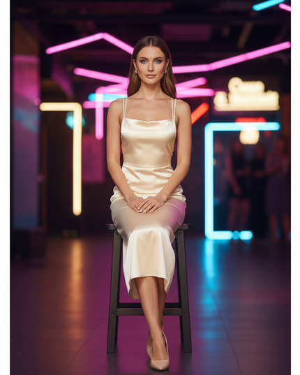 Satin Kleid Cream - Satin Partykleid Figurbetonend | Braun V-Ausschnitt - Ansicht 5