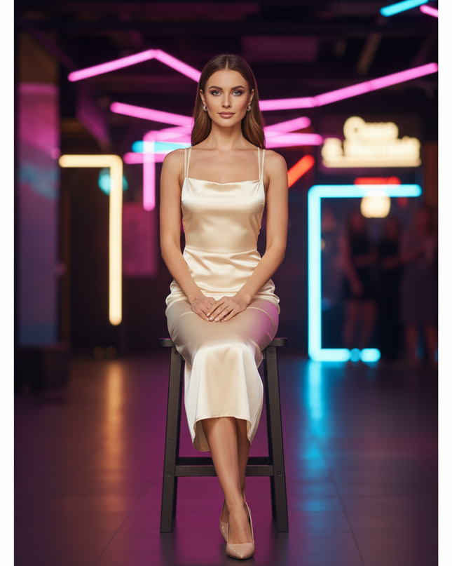 Satin Kleid Cream - Satin Partykleid Figurbetonend | Braun V-Ausschnitt - Ansicht 5