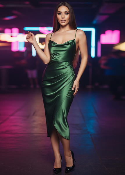 Satin Kleid Green - Satin Partykleid Gruen | Spaghettitraeger Midi Rueckenfrei - Ansicht 1