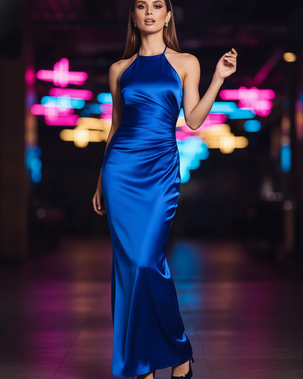Satin Kleid Blue - Satin Partykleid Halter Blau | Maxi Elegant - Ansicht 1