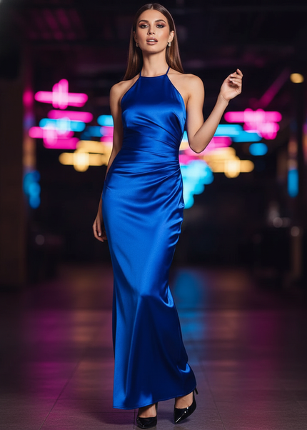 Satin Kleid Blue - Satin Partykleid Halter Blau | Maxi Elegant - Ansicht 1