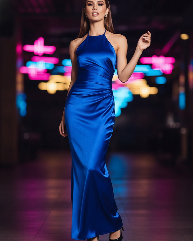 Satin Kleid Blue - Satin Partykleid Halter Blau | Maxi Elegant - Ansicht 1