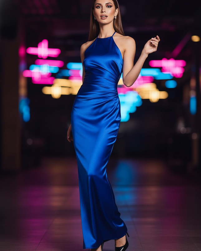 Satin Kleid Blue - Satin Partykleid Halter Blau | Maxi Elegant - Ansicht 3