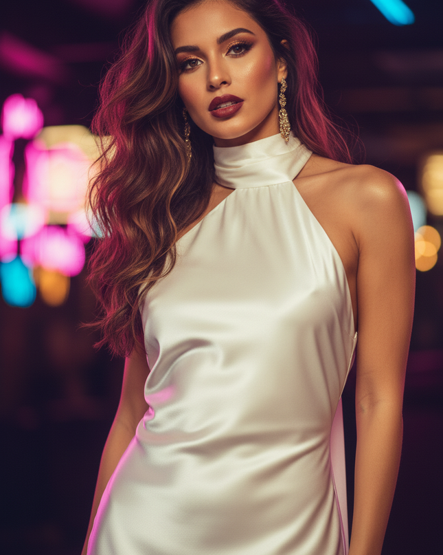 Satinkleid creme - Cremefarbenes Satin Partykleid Halter Formal - Ansicht 4