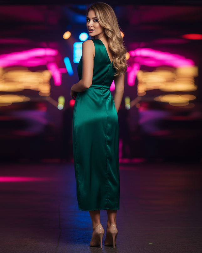 Satin Kleid Green - Satin Partykleid Khaki | Wickelschnitt V-Ausschnitt - Ansicht 2