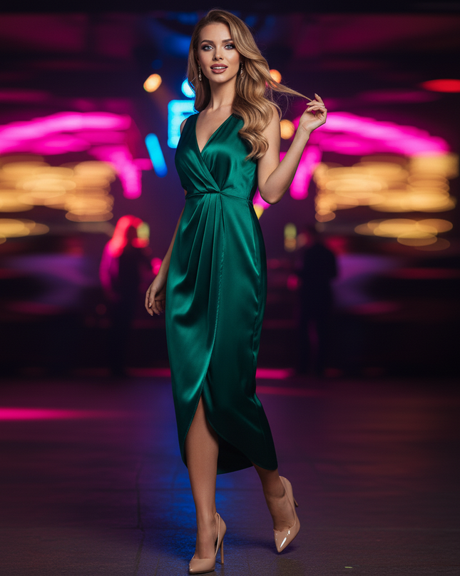 Satin Kleid Green - Satin Partykleid Khaki | Wickelschnitt V-Ausschnitt - Ansicht 3