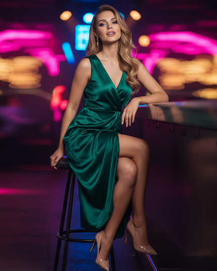 Satin Kleid Green - Satin Partykleid Khaki | Wickelschnitt V-Ausschnitt - Ansicht 5