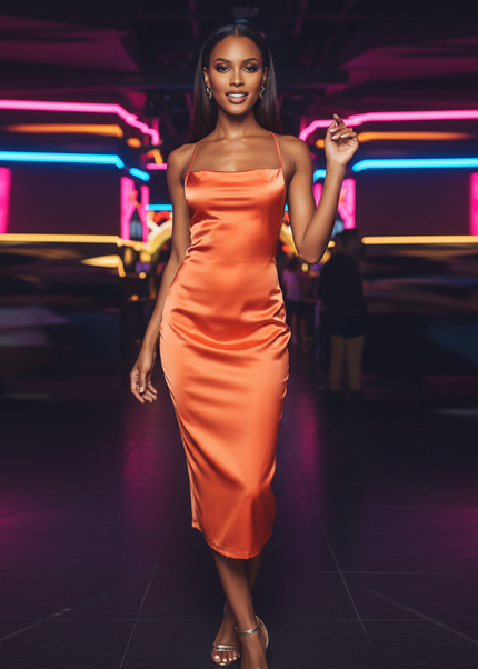 Satin Kleid Orange - Satin Partykleid Koralle | V-Ausschnitt Figurbetonend - Ansicht 1
